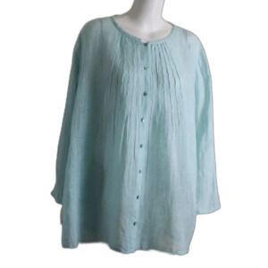 Eileen Fisher organic linen Italian blouse button down blue turquoise S